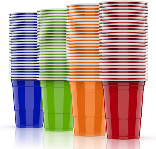 100 Plastikbecher Set Mehrweg Becher, Wiederverwendbare Partybecher 473ML / 16 OZ Becher Getränkebecher Kunststoff Cups in 4 Farben